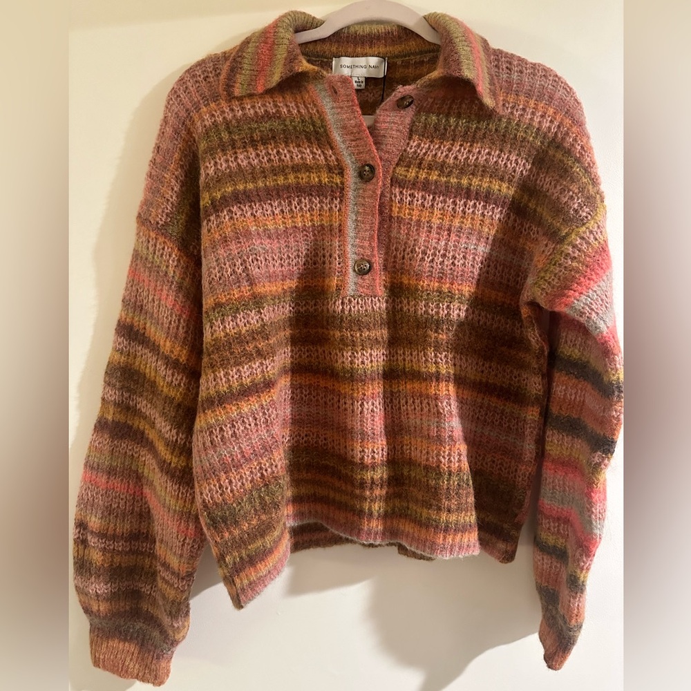 NWT- Something Navy Striped Polo Sweater